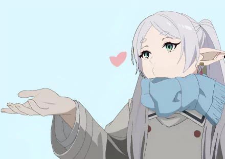 Anime HD desktop wallpaper featuring Frieren from Frieren: Beyond Journey's End with a gentle expression and a small pink heart against a light blue background.