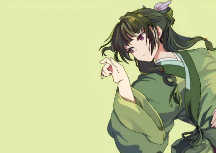 HD PC desktop wallpaper featuring Maomao from the anime The Apothecary Diaries, depicted in a traditional green outfit against a light green background.