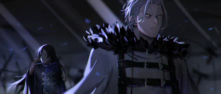 4K Ultra HD anime wallpaper featuring Orsted and Shizuka Nanahoshi from Mushoku Tensei: Jobless Reincarnation with a dark, intense atmosphere.