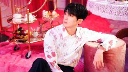 HD desktop wallpaper featuring a stylish male singer in a floral shirt posing in a lavish red room with a vintage aesthetic.