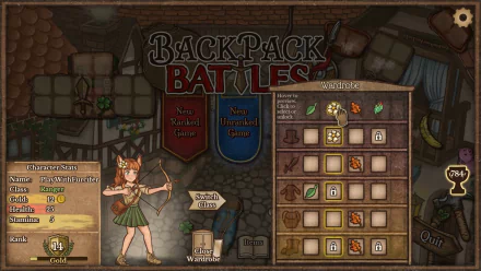HD desktop wallpaper featuring the main menu of Backpack Battles video game with animated character and inventory layout.