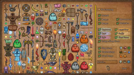 HD desktop wallpaper from the video game Backpack Battles featuring an assortment of animated items and characters in a detailed inventory layout.
