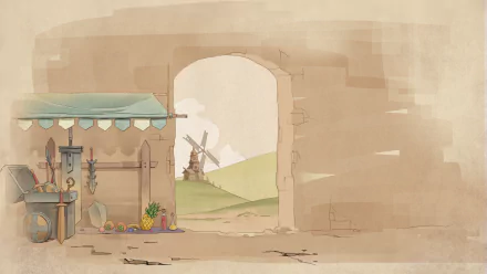 HD desktop wallpaper featuring a scenic Backpack Battles video game environment with a rustic village marketplace and a windmill in the background.