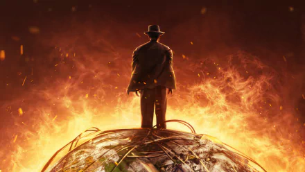 A striking HD desktop wallpaper from the movie Oppenheimer, featuring a silhouetted figure standing on a chaotic, fiery landscape against an intense, glowing background.