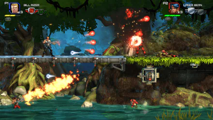 HD desktop wallpaper of Contra: Operation C game with characters engaged in an action-packed battle scene with vibrant forest and water graphics.