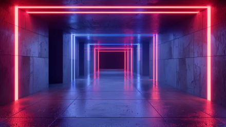 HD wallpaper of a futuristic interior with neon aesthetic, featuring glowing neon lights in a hallway.