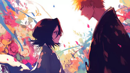 HD wallpaper featuring Ichigo Kurosaki and Rukia Kuchiki from the anime Bleach, surrounded by a vibrant floral backdrop, showcasing their iconic connection.