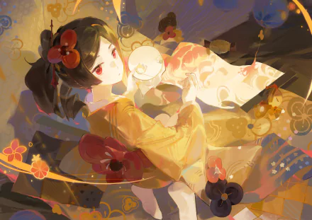 HD wallpaper featuring Chiori from Genshin Impact, elegantly adorned, surrounded by vibrant floral patterns and soft lighting, capturing a serene and artistic atmosphere.