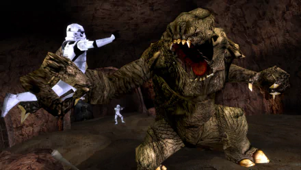 HD wallpaper featuring a scene from Star Wars: Battlefront Classic Collection with a Stormtrooper and a Rancor monster.