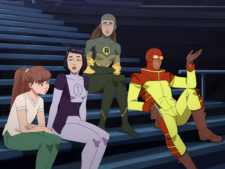 A stylish HD desktop wallpaper featuring characters from the TV show Invincible, showcasing four distinct heroes seated together, deep in discussion.