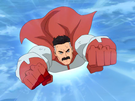 HD wallpaper of Omni-Man flying from the Invincible TV show with a blue sky background for desktop.