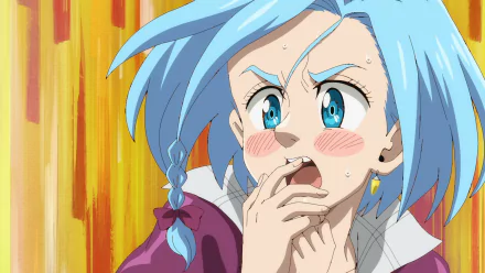HD desktop wallpaper featuring a surprised anime character from The Seven Deadly Sins: Four Knights of the Apocalypse with vivid blue hair and expressive blue eyes, set against a colorful background.