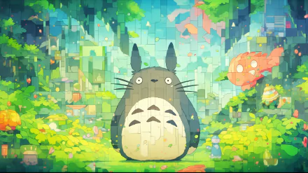 HD PC desktop wallpaper featuring Totoro from Studio Ghibli’s My Neighbor Totoro, rendered in a vibrant mosaic style with lush, colorful forest surroundings.