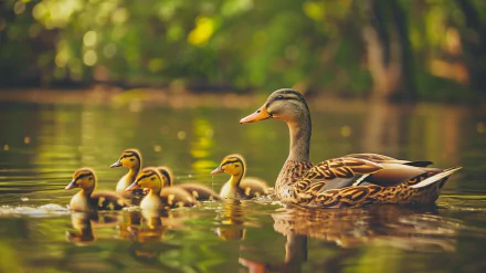 HD desktop wallpaper of a mother duck leading her ducklings through tranquil water with lush greenery in the background.