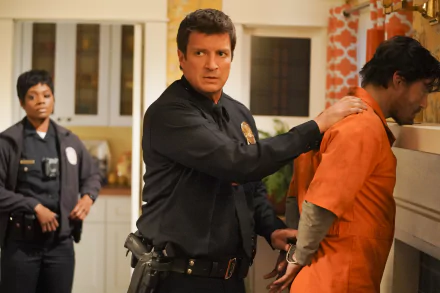 HD wallpaper featuring a scene from the TV show The Rookie with police officers in a domestic setting.