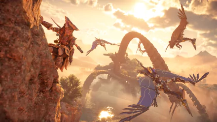 A captivating HD wallpaper from Horizon Forbidden West, featuring Aloy among majestic landscapes and flying robotic creatures under a dramatic sunset.