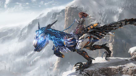 HD desktop wallpaper featuring Aloy riding a mechanical creature in the snowy mountains from the video game Horizon Forbidden West.