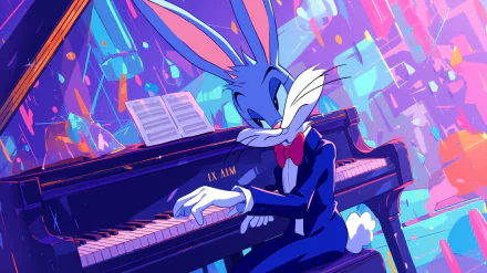 HD desktop wallpaper featuring Bugs Bunny playing the piano with a vibrant artistic background.