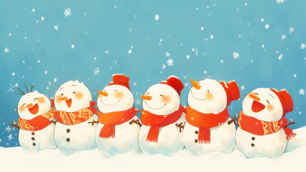 A charming HD wallpaper featuring a line of cheerful snowmen, all wearing red scarves and hats, against a snowy blue background with falling snowflakes.