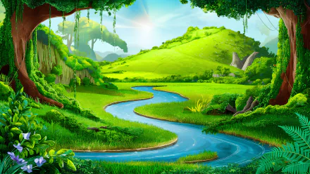  a vibrant green valley with rolling hills and a meandering river