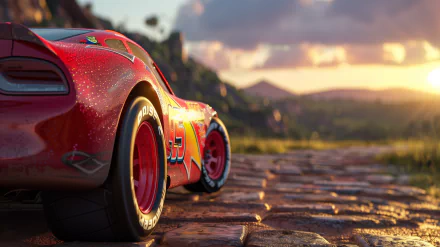 HD wallpaper of Lightning McQueen from the movie Cars on a cobblestone road at sunset.