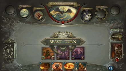 High-definition desktop wallpaper featuring the Beast's turn in a video game with Acolyte of the Altar theme, showcasing intricate game interface and fantasy elements.