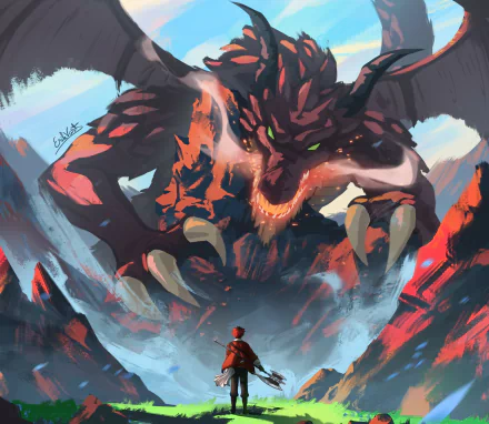 HD anime desktop wallpaper featuring Stark from Frieren: Beyond Journey's End facing a massive, fiery dragon in a dramatic, intense scene.