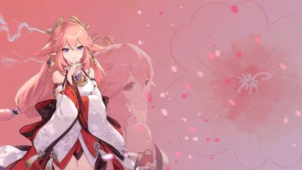 An 8K Ultra HD PC desktop wallpaper featuring Yae Miko Guuji from Genshin Impact, set against a soft pink background with floral and petal accents.