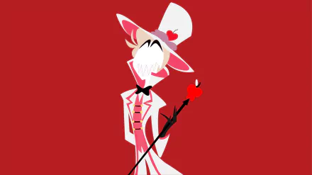 HD wallpaper featuring Lucifer from Hazbin Hotel, depicted in a vibrant red background. The character sports a stylish outfit and wields a cane with a heart motif.