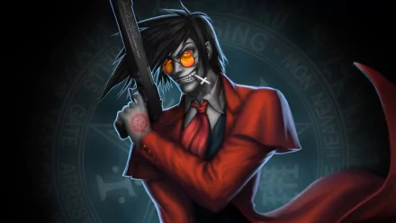 HD anime wallpaper featuring Alucard from Hellsing, in a red suit with glowing orange glasses, wielding a gun against a mystical circular inscription background.