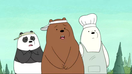 HD desktop wallpaper of 'We Bare Bears' characters standing together with a light green background.