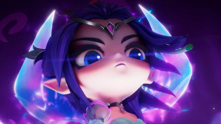 HD desktop wallpaper of a Teamfight Tactics character with glowing blue eyes and purple energy effects.