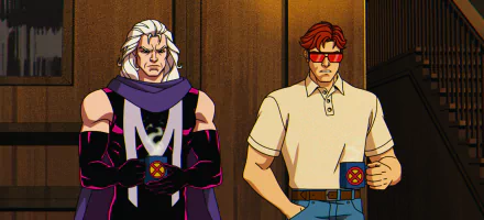 HD wallpaper featuring animated characters Magneto and Cyclops from X-Men '97 TV show, standing side by side as a desktop background.