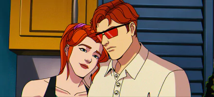 A vibrant HD wallpaper from X-Men '97 featuring Cyclops with striking red glasses, sharing a tender moment with a woman, showcasing their connection in this animated universe.