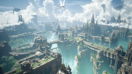 A stunning HD desktop wallpaper from Final Fantasy VII Remake, featuring a vibrant cityscape with flowing water, futuristic architecture, and dramatic clouds overhead.