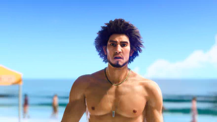 Shirtless character with blue hair from Like a Dragon: Infinite Wealth video game set on a beach background - HD desktop wallpaper.