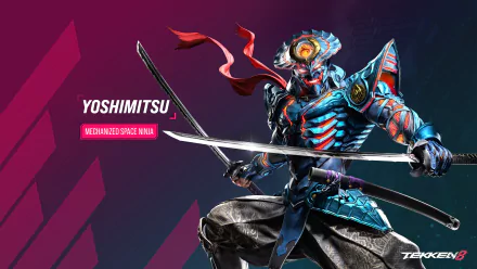 Yoshimitsu, the mechanized space ninja from Tekken 8, poses with his swords against a vibrant, futuristic background in this high-definition wallpaper.