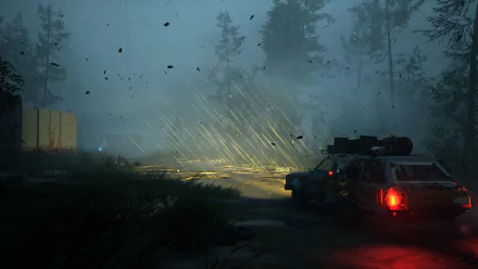 HD desktop wallpaper featuring a scene from the video game Pacific Drive with a car emitting sparks in a misty forest environment.