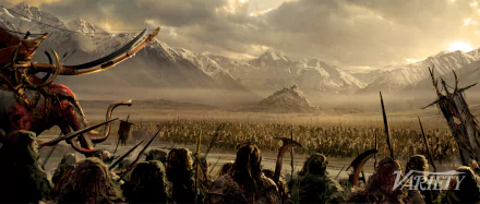 HD desktop wallpaper depicting a scene from The Lord of the Rings: The War of the Rohirrim with a panoramic view of a battle-ready Rohirrim army in a vast mountainous landscape.