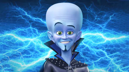 HD desktop wallpaper featuring Megamind, the animated movie character, with a background of dynamic electric blue lightning bolts, symbolizing the showdown with The Doom Syndicate.