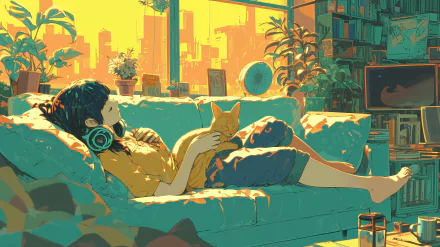 HD wallpaper featuring a lofi-style illustration of a person chilling on a couch with a cat, headphones on, surrounded by plants and books with warm sunset light filling an urban apartment.