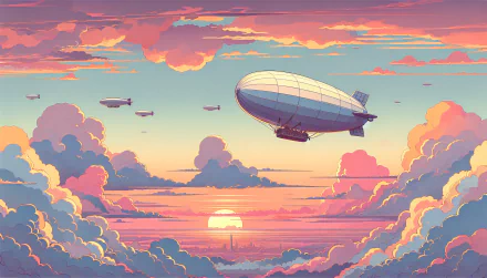 HD desktop wallpaper featuring a majestic airship soaring through a vibrant pastel sunset sky with multiple clouds and several smaller airships in the background.