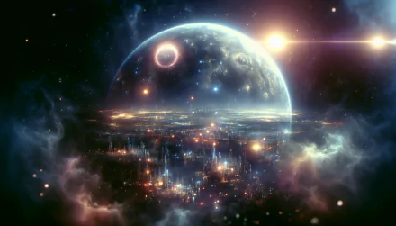 Sci-fi themed HD wallpaper featuring a futuristic planet with vibrant cityscape and celestial bodies.