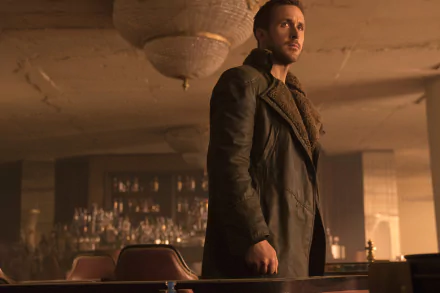 Officer K, portrayed by Ryan Gosling, stands in a dimly lit bar setting from the movie Blade Runner 2049. The atmosphere is tense and atmospheric, capturing a pivotal moment in the film.