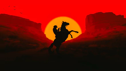 Silhouette of cowboy riding horse in Red Dead Redemption game with a dramatic wild west sunset background for HD wallpaper.