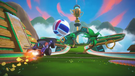 Turbo Golf Racing video game HD wallpaper featuring a dynamic scene with a racing car chasing a large golf ball towards a trophy on a vibrant, stylized race track.