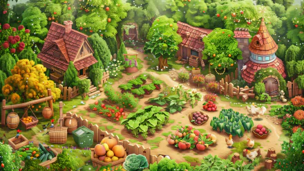 HD wallpaper of a vibrant vegetable garden scene with quaint cottages and lush greenery.