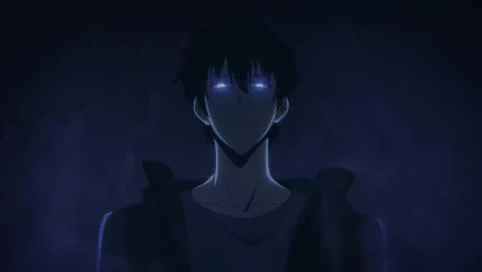 HD PC desktop wallpaper featuring Sung Jin-Woo from the anime Solo Leveling, depicted with glowing eyes in a dark, shadowy atmosphere.