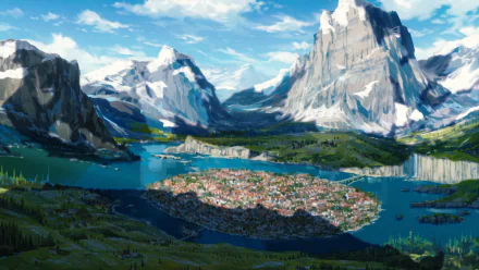 HD anime landscape wallpaper from Mushoku Tensei: Jobless Reincarnation featuring a panoramic view of a majestic mountain range with a serene lake and a city nestled at its foothills.
