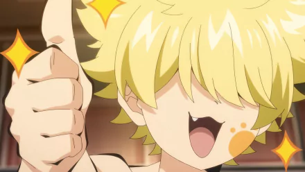 HD wallpaper from Mission: Yozakura Family anime featuring an excited character with blonde hair and a thumbs-up gesture.